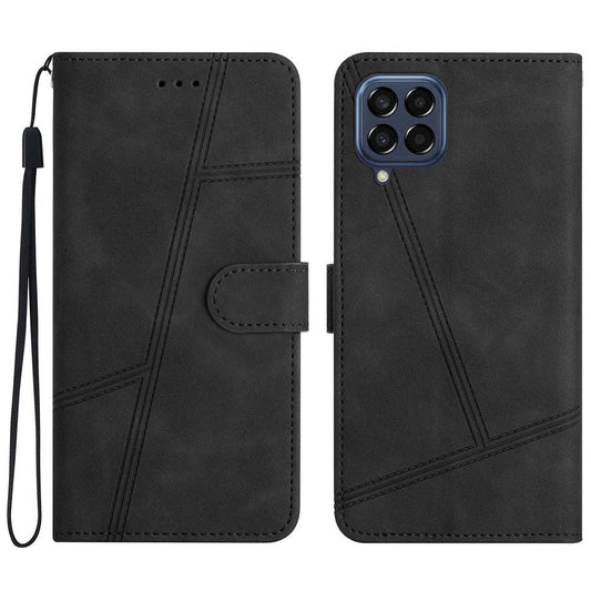 For Samsung Galaxy M53 5G Phone Case, Skin-touch Feeling Lines Imprinted Vintage PU Leather Magnetic Flip Cover with Wallet Stand - Black