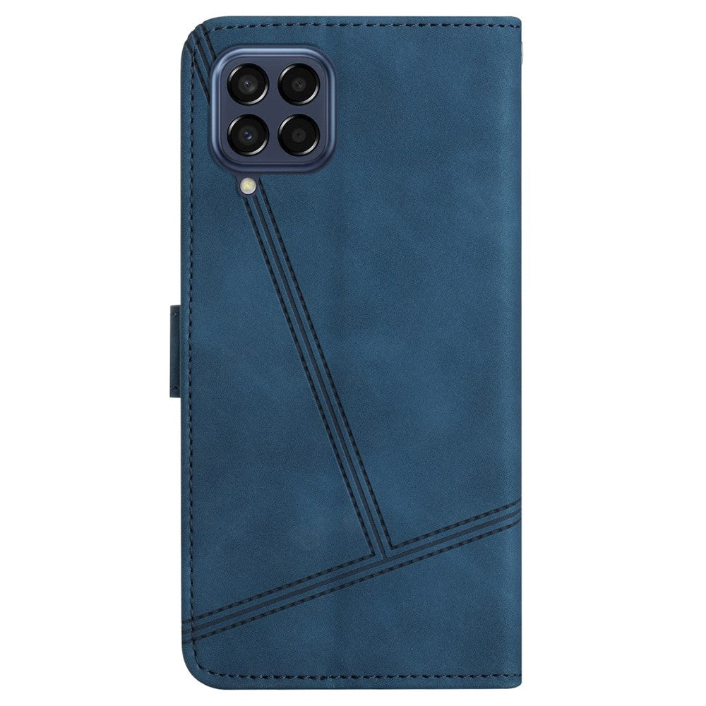 For Samsung Galaxy M53 5G Phone Case, Skin-touch Feeling Lines Imprinted Vintage PU Leather Magnetic Flip Cover with Wallet Stand - Blue