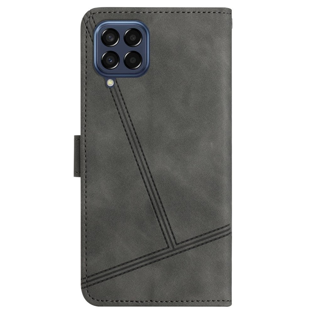 For Samsung Galaxy M53 5G Phone Case, Skin-touch Feeling Lines Imprinted Vintage PU Leather Magnetic Flip Cover with Wallet Stand - Grey