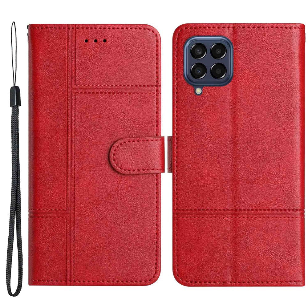 For Samsung Galaxy M53 5G Cowhide Texture PU Leather Business Case Lines Imprinted Wallet Sand Feature Flip Cover with Strap - Red