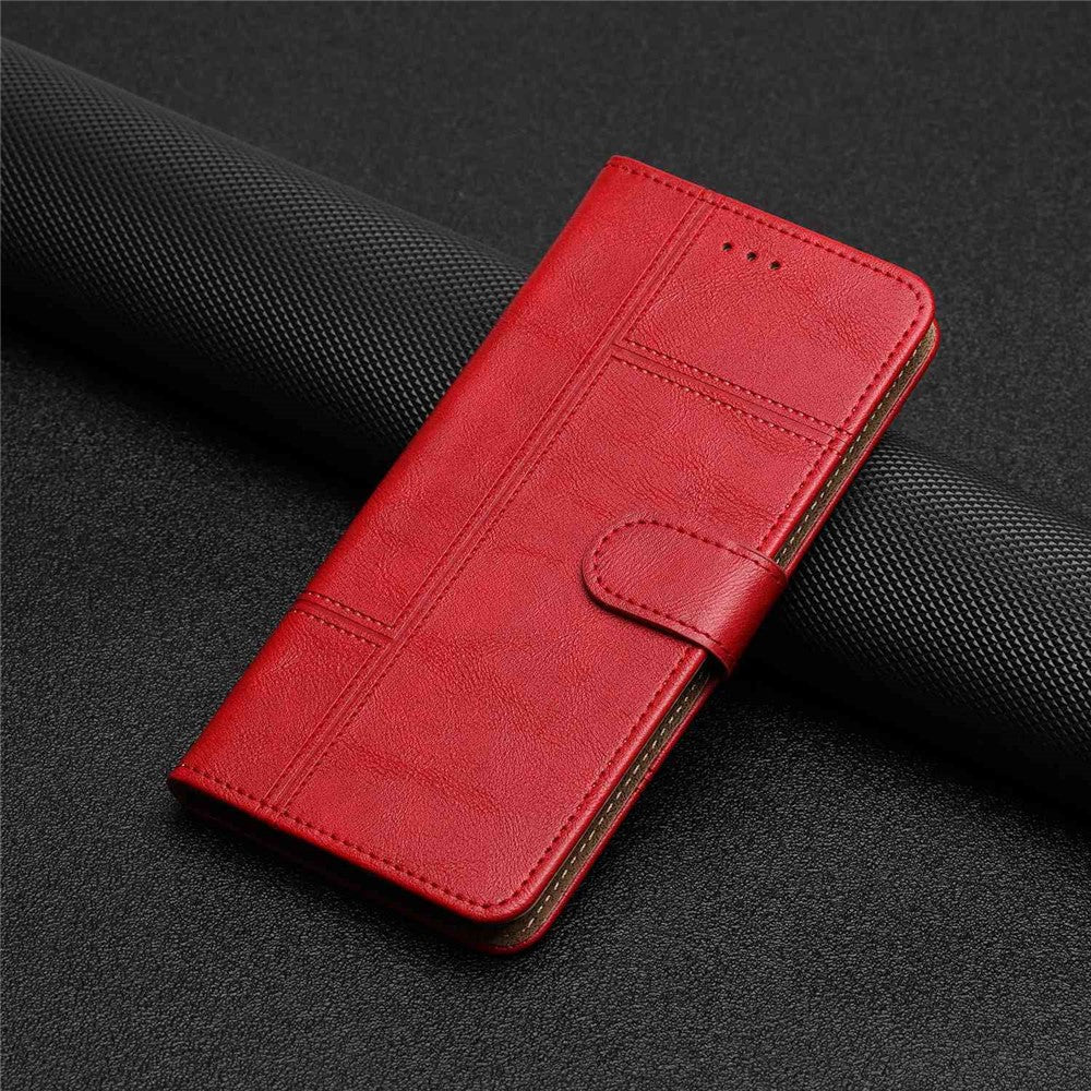 For Samsung Galaxy M53 5G Cowhide Texture PU Leather Business Case Lines Imprinted Wallet Sand Feature Flip Cover with Strap - Red