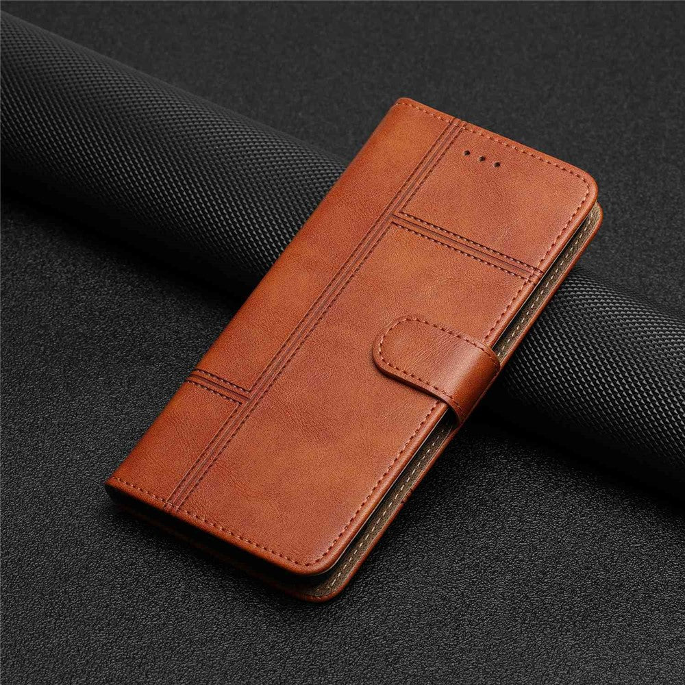 For Samsung Galaxy M53 5G Cowhide Texture PU Leather Business Case Lines Imprinted Wallet Sand Feature Flip Cover with Strap - Brown