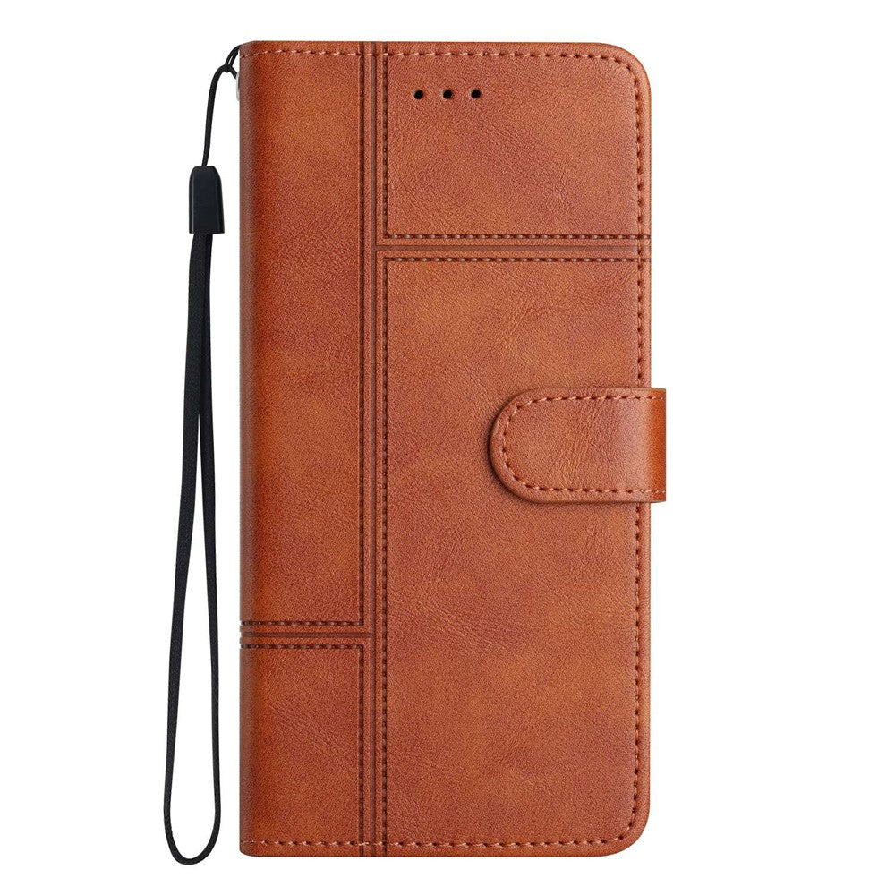For Samsung Galaxy M53 5G Cowhide Texture PU Leather Business Case Lines Imprinted Wallet Sand Feature Flip Cover with Strap - Brown