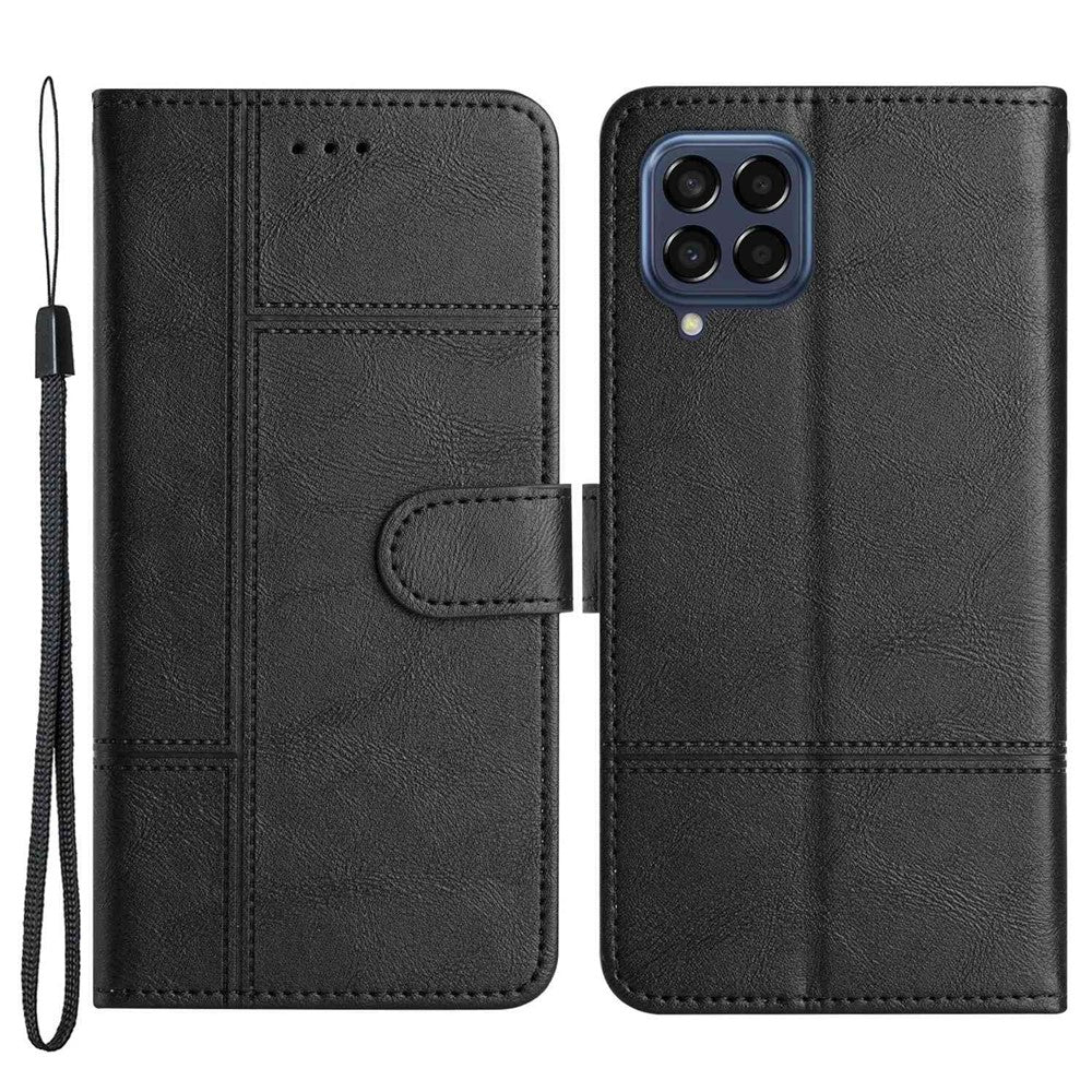 For Samsung Galaxy M53 5G Cowhide Texture PU Leather Business Case Lines Imprinted Wallet Sand Feature Flip Cover with Strap - Black