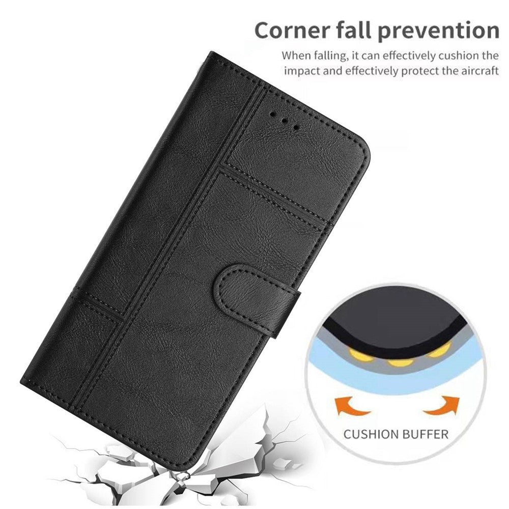 For Samsung Galaxy M53 5G Cowhide Texture PU Leather Business Case Lines Imprinted Wallet Sand Feature Flip Cover with Strap - Black