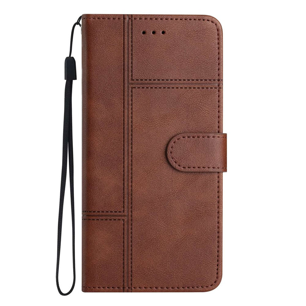 For Samsung Galaxy M53 5G Cowhide Texture PU Leather Business Case Lines Imprinted Wallet Sand Feature Flip Cover with Strap - Coffee
