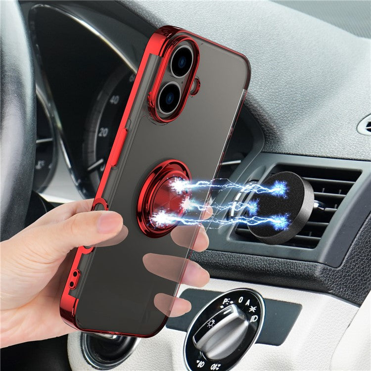 For iPhone 16 Plus Case Electroplating Kickstand TPU Phone Cover Magnetic Car Mount - Red