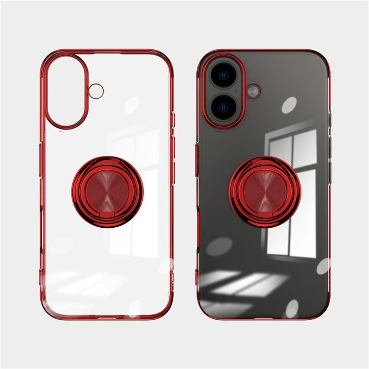For iPhone 16 Plus Case Electroplating Kickstand TPU Phone Cover Magnetic Car Mount - Red