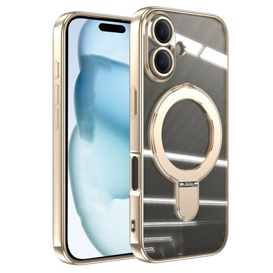 For iPhone 16 Plus Magnetic Case Electroplating Kickstand TPU Phone Cover - Gold