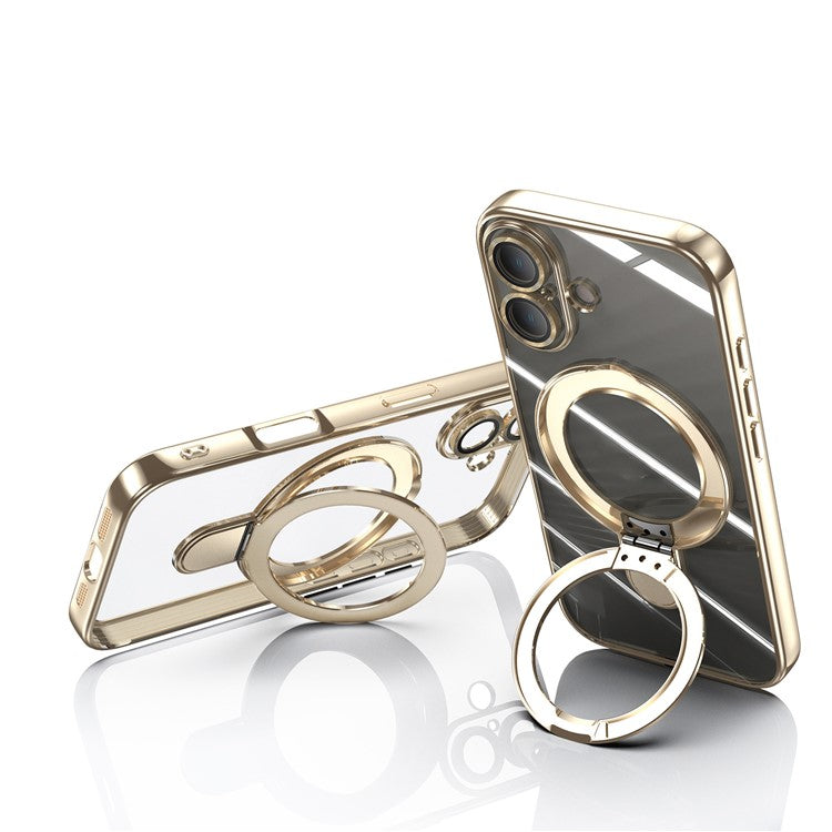 For iPhone 16 Plus Magnetic Case Electroplating Kickstand TPU Phone Cover - Gold