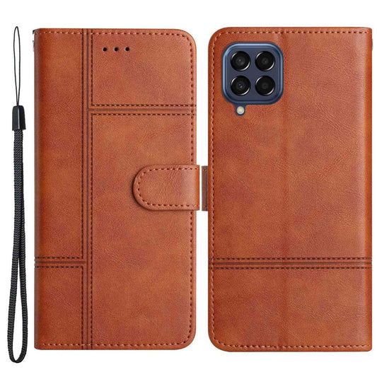 For Samsung Galaxy M33 5G (Global Version) PU Leather Magnetic Wallet Phone Case Business Style Lines Imprinted Sand Flip Cover with Strap - Brown