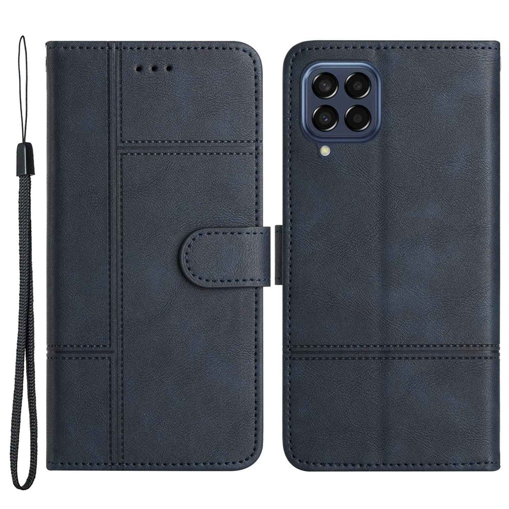 For Samsung Galaxy M33 5G (Global Version) PU Leather Magnetic Wallet Phone Case Business Style Lines Imprinted Sand Flip Cover with Strap - Blue