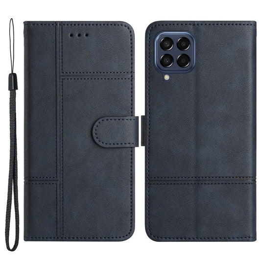 For Samsung Galaxy M33 5G (Global Version) PU Leather Magnetic Wallet Phone Case Business Style Lines Imprinted Sand Flip Cover with Strap - Blue