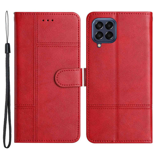 For Samsung Galaxy M33 5G (Global Version) PU Leather Magnetic Wallet Phone Case Business Style Lines Imprinted Sand Flip Cover with Strap - Red