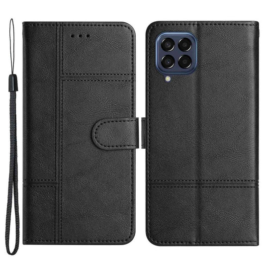For Samsung Galaxy M33 5G (Global Version) PU Leather Magnetic Wallet Phone Case Business Style Lines Imprinted Sand Flip Cover with Strap - Black
