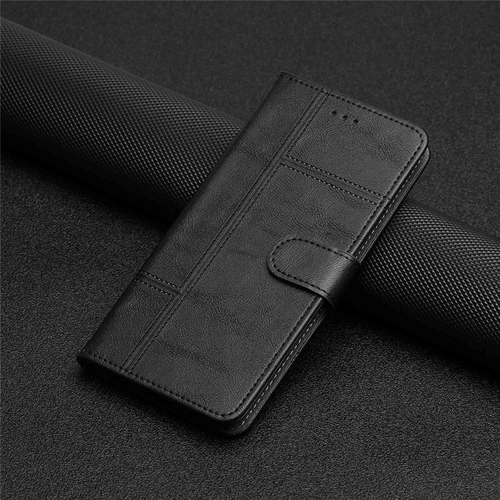For Samsung Galaxy M33 5G (Global Version) PU Leather Magnetic Wallet Phone Case Business Style Lines Imprinted Sand Flip Cover with Strap - Black