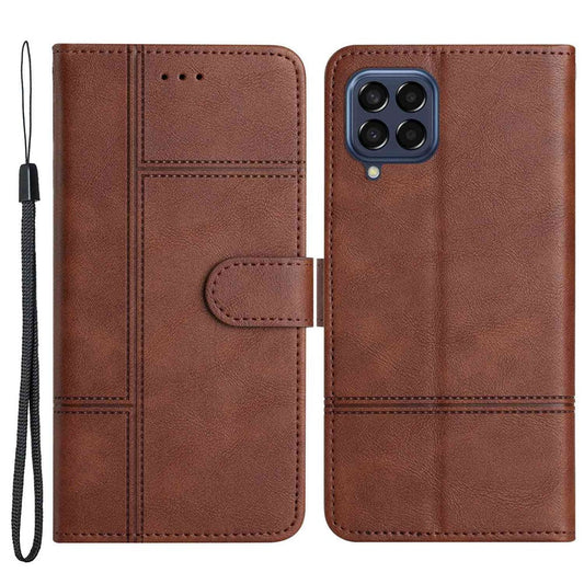 For Samsung Galaxy M33 5G (Global Version) PU Leather Magnetic Wallet Phone Case Business Style Lines Imprinted Sand Flip Cover with Strap - Coffee