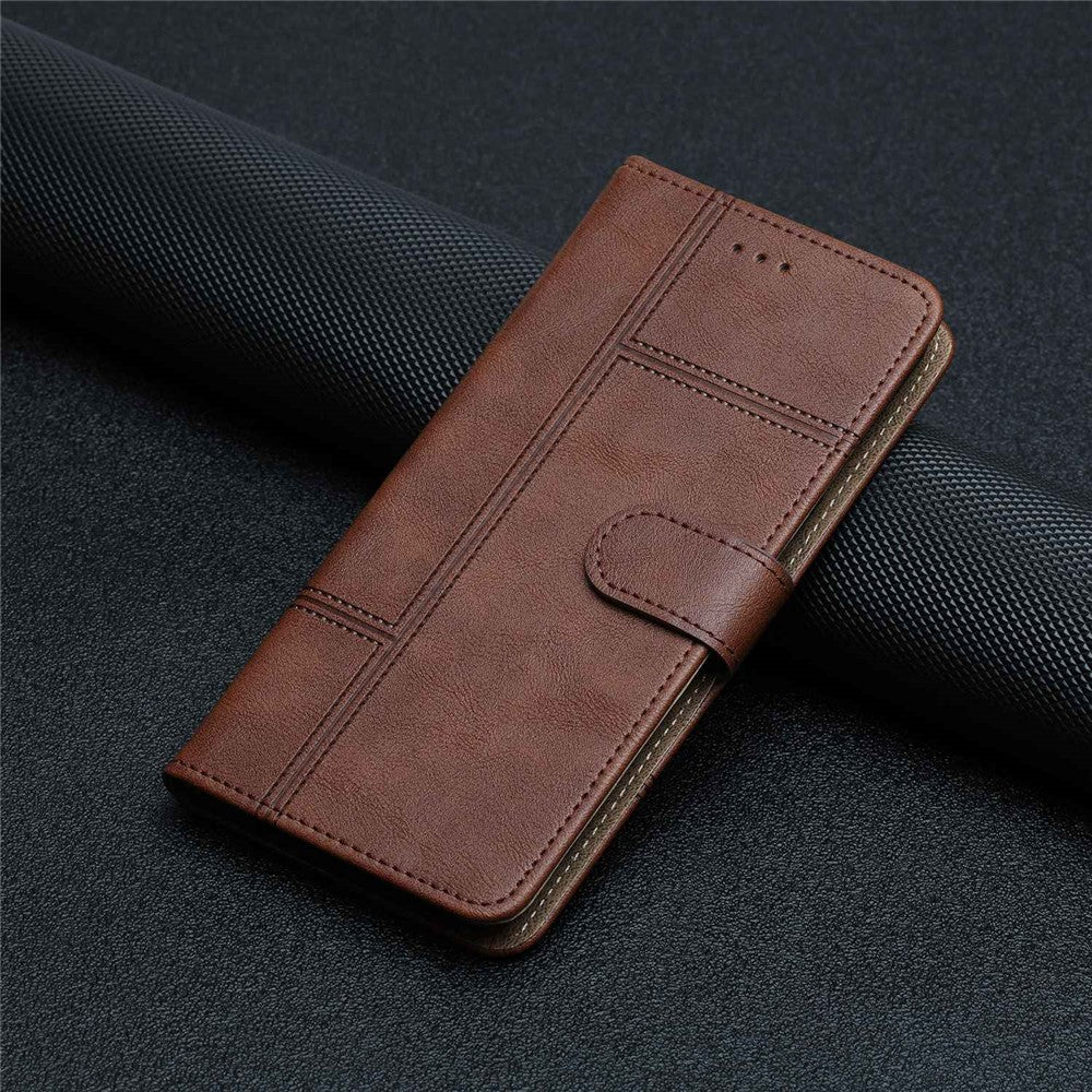 For Samsung Galaxy M33 5G (Global Version) PU Leather Magnetic Wallet Phone Case Business Style Lines Imprinted Sand Flip Cover with Strap - Coffee