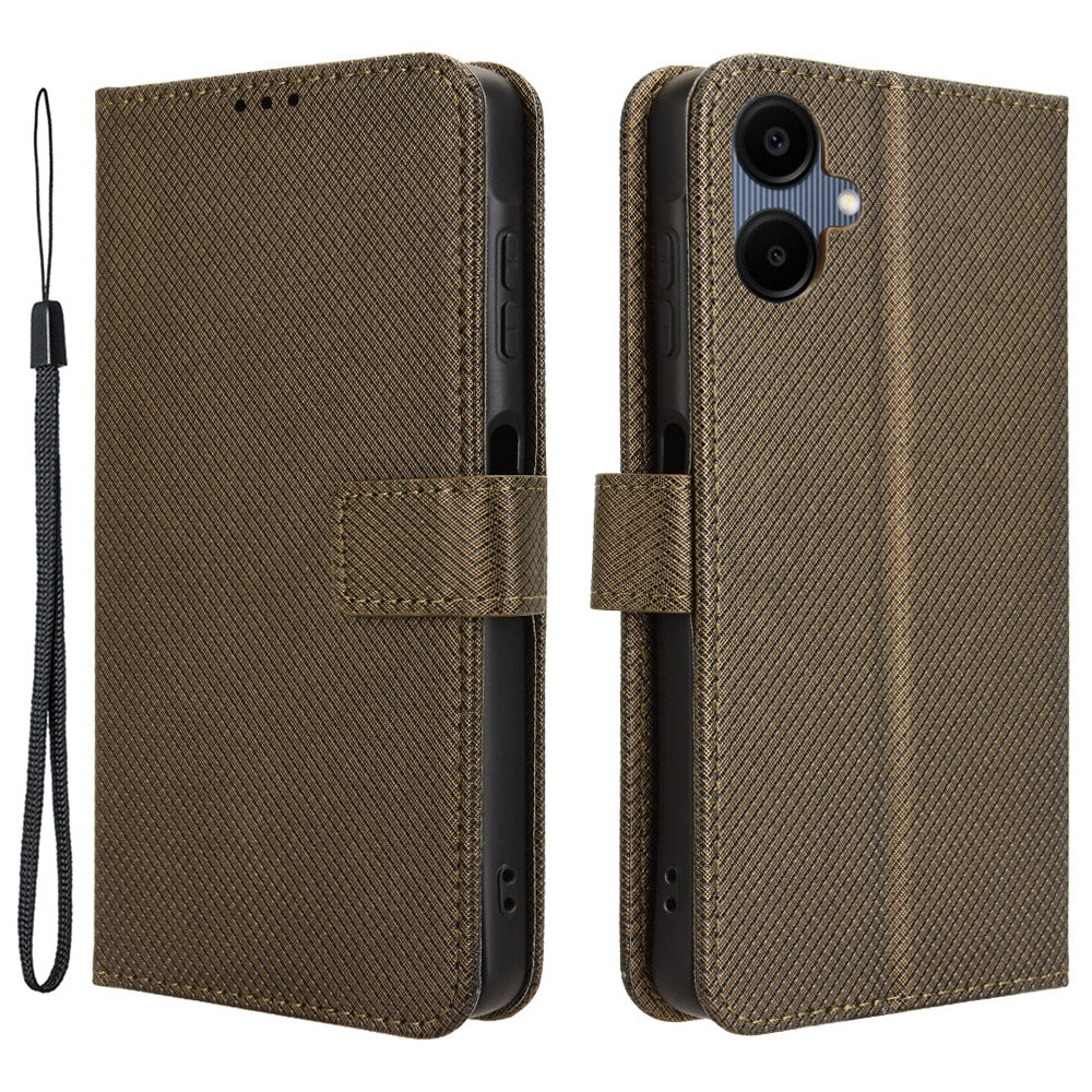 For Samsung Galaxy A06 Case PU Leather Diamond Texture Wallet Phone Cover - Brown