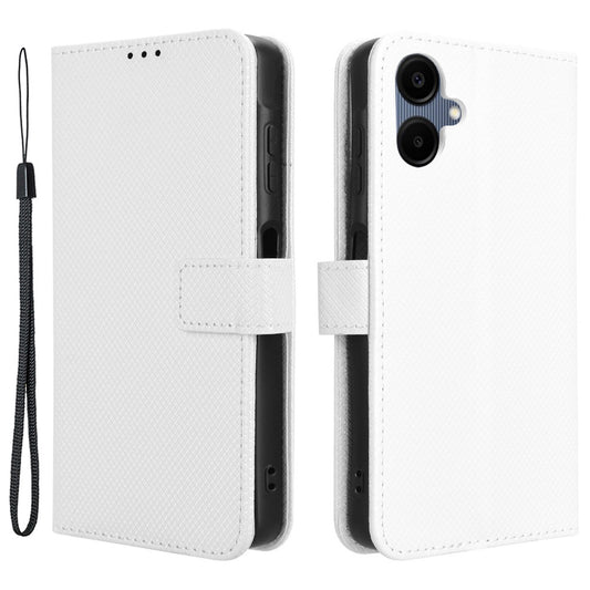 For Samsung Galaxy A06 Case PU Leather Diamond Texture Wallet Phone Cover - White