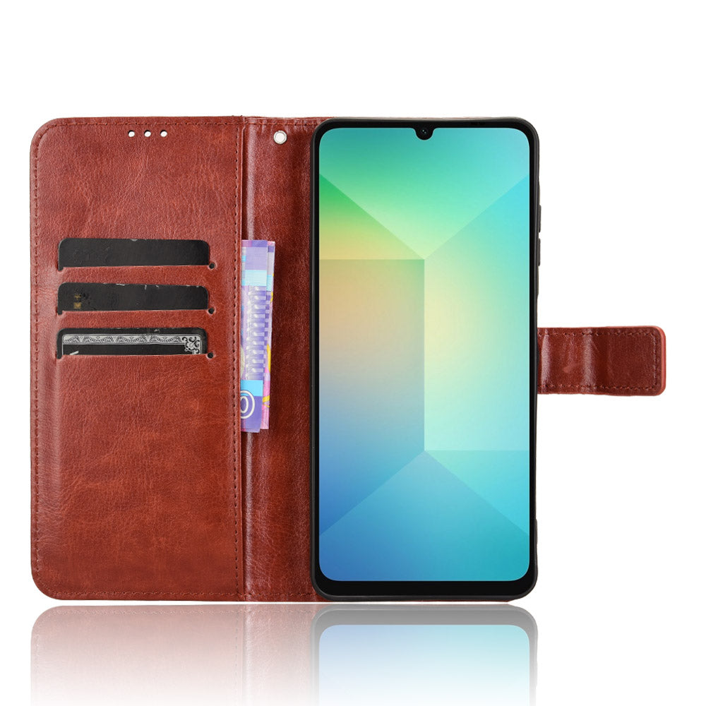 For Samsung Galaxy A06 Case Crazy Horse Texture PU Leather Phone Wallet Cover - Brown