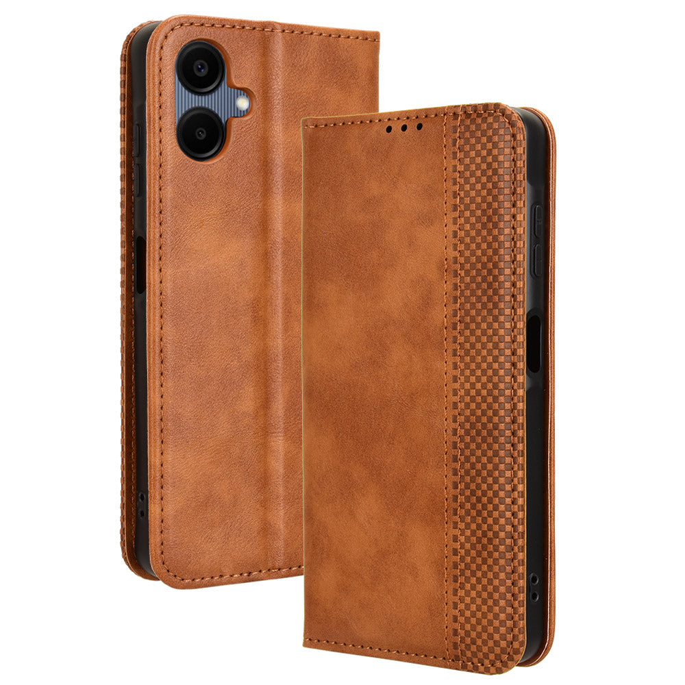 For Samsung Galaxy A06 Leather Case Wallet Stand Retro Texture Phone Cover - Brown