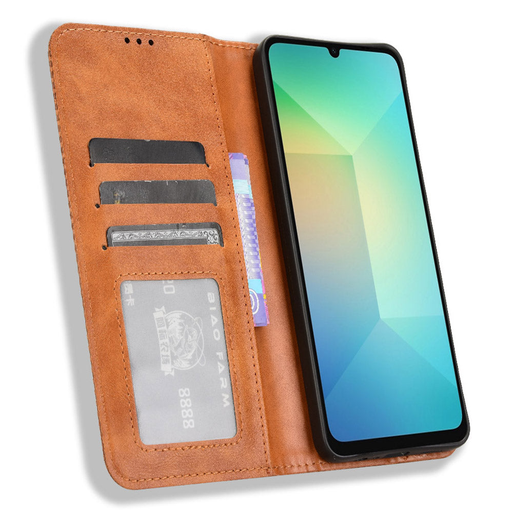 For Samsung Galaxy A06 Leather Case Wallet Stand Retro Texture Phone Cover - Brown