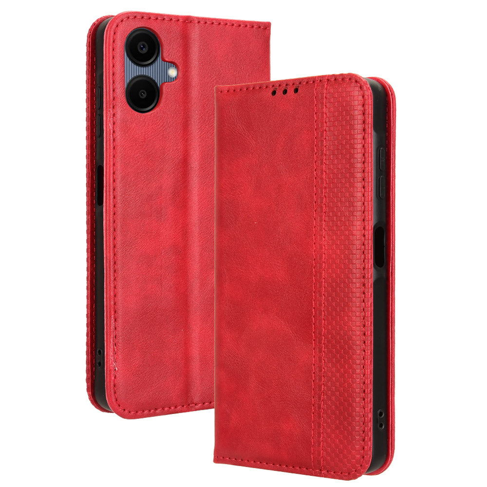 For Samsung Galaxy A06 Leather Case Wallet Stand Retro Texture Phone Cover - Red