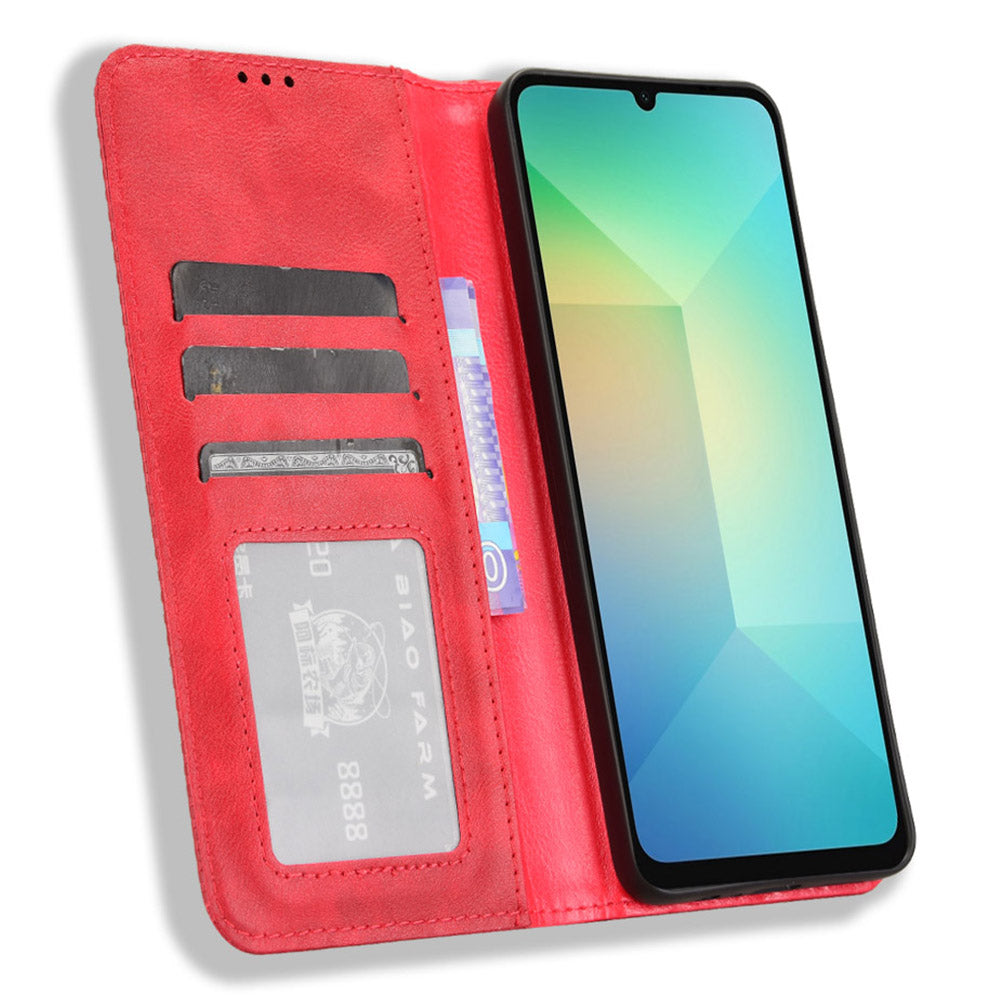 For Samsung Galaxy A06 Leather Case Wallet Stand Retro Texture Phone Cover - Red