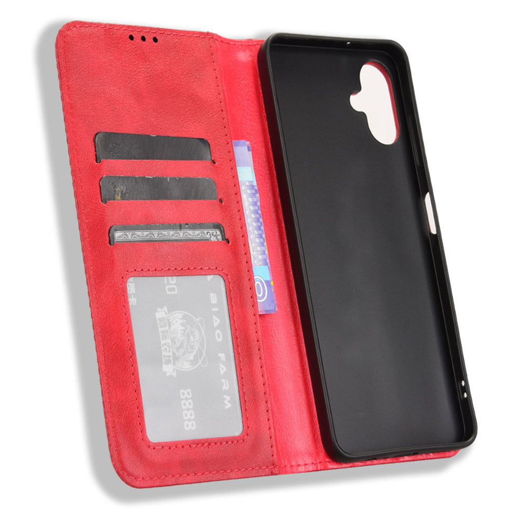 For Samsung Galaxy A06 Leather Case Wallet Stand Retro Texture Phone Cover - Red