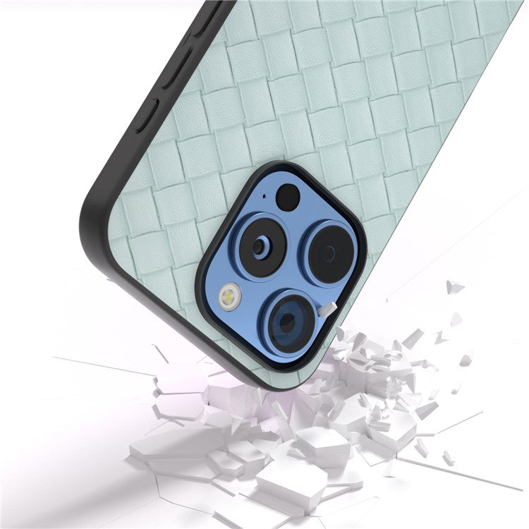 For iPhone 16 Pro Case Woven Texture PU Leather Coated PC+TPU Mobile Phone Cover - Light Green