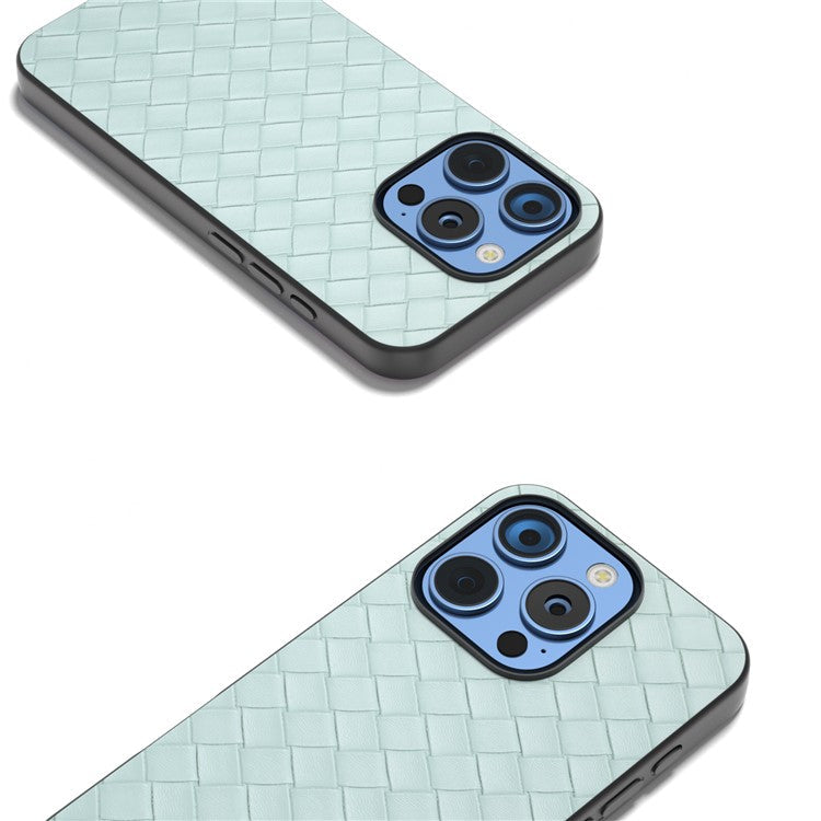For iPhone 16 Pro Case Woven Texture PU Leather Coated PC+TPU Mobile Phone Cover - Light Green