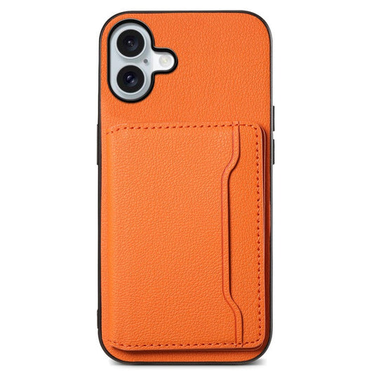 For iPhone 16 Plus Case Card Holder Kickstand Leather Coated PC+TPU Phone Cover - Orange