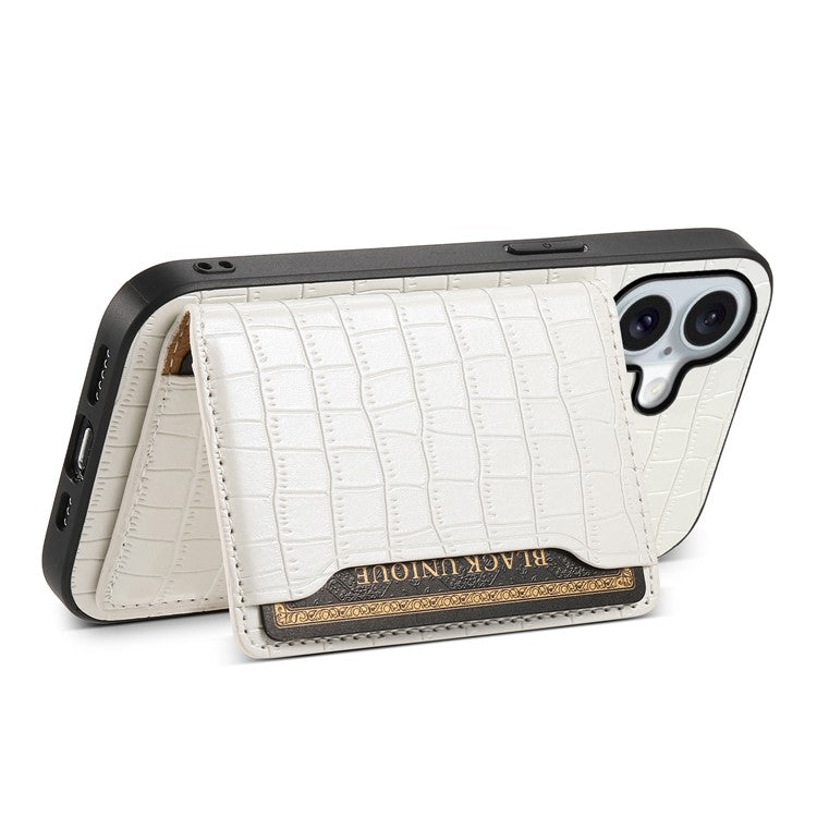 For iPhone 16 Case Card Holder Kickstand Crocodile Texture Leather Back Phone Cover - White