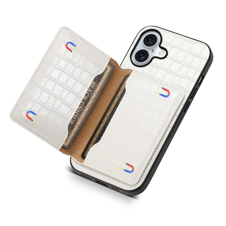 For iPhone 16 Case Card Holder Kickstand Crocodile Texture Leather Back Phone Cover - White