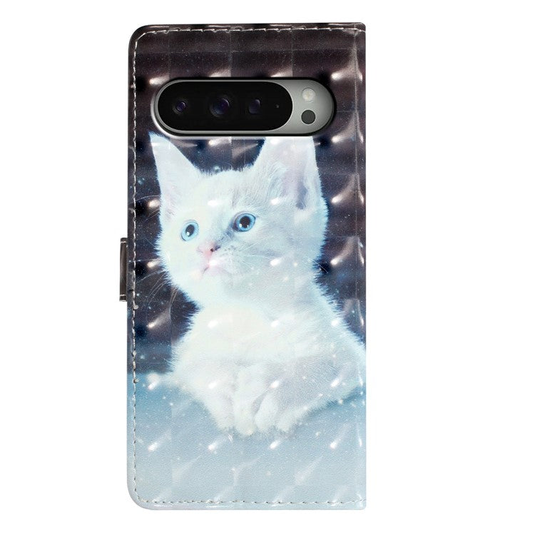 For Google Pixel 9 / 9 Pro Case PU Leather 3D Pattern Printing Wallet Phone Cover - White Cat