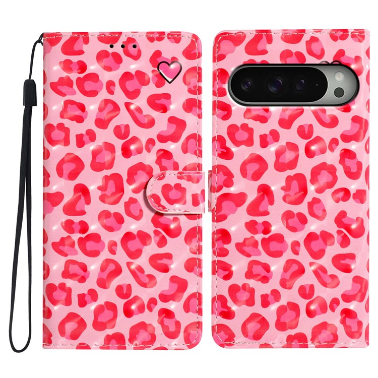 For Google Pixel 9 / 9 Pro Case PU Leather 3D Pattern Printing Wallet Phone Cover - Pink Leopard Print