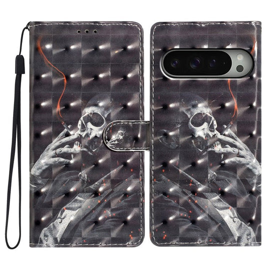 For Google Pixel 9 / 9 Pro Case PU Leather 3D Pattern Printing Wallet Phone Cover - Smoking Skeleton