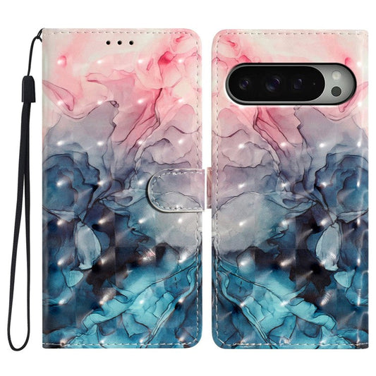 For Google Pixel 9 Pro XL Case PU Leather 3D Pattern Printing Wallet Phone Cover - Pink Blue Marble