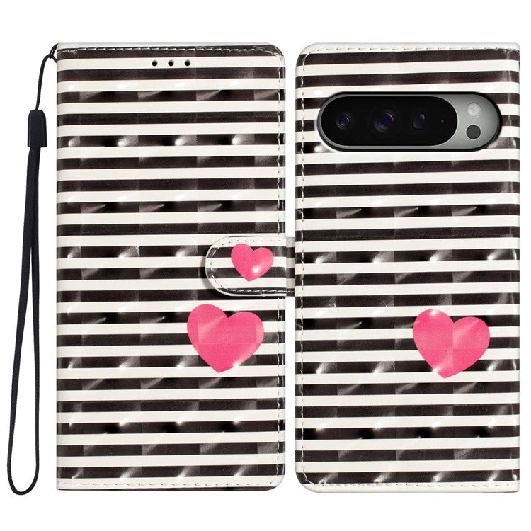For Google Pixel 9 Pro XL Case PU Leather 3D Pattern Printing Wallet Phone Cover - Stripes / Heart
