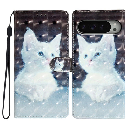 For Google Pixel 9 Pro XL Case PU Leather 3D Pattern Printing Wallet Phone Cover - White Cat