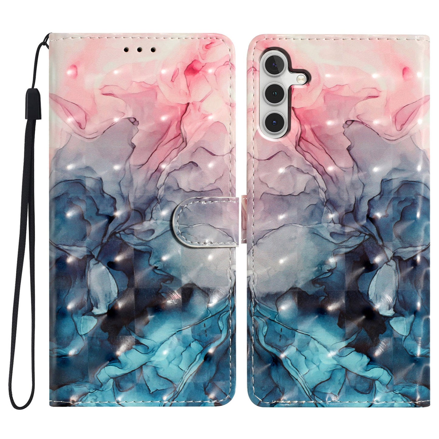 For Samsung Galaxy A16 5G / A16 4G Case PU Leather 3D Pattern Printing Wallet Phone Cover - Pink Blue Marble