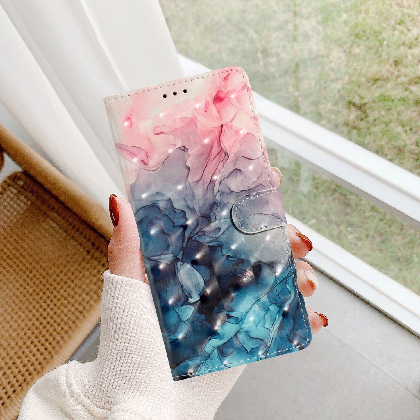 For Samsung Galaxy A16 5G / A16 4G Case PU Leather 3D Pattern Printing Wallet Phone Cover - Pink Blue Marble