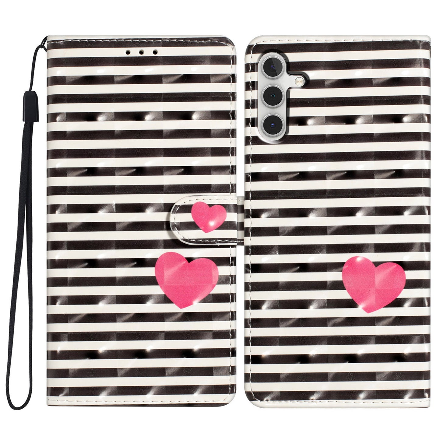 For Samsung Galaxy A16 5G / A16 4G Case PU Leather 3D Pattern Printing Wallet Phone Cover - Stripes / Heart