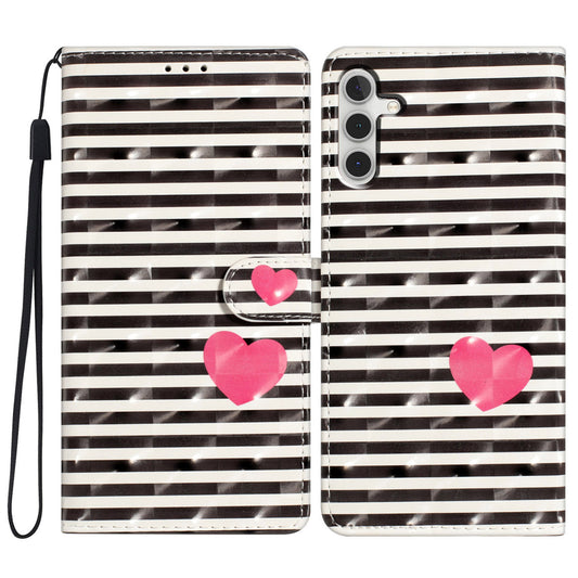 For Samsung Galaxy A16 5G / A16 4G Case PU Leather 3D Pattern Printing Wallet Phone Cover - Stripes / Heart