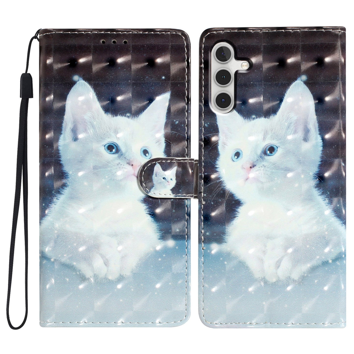 For Samsung Galaxy A16 5G / A16 4G Case PU Leather 3D Pattern Printing Wallet Phone Cover - White Cat