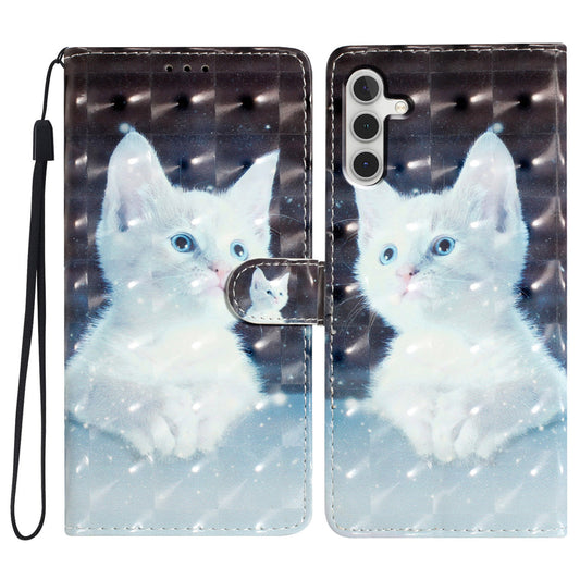 For Samsung Galaxy A16 5G / A16 4G Case PU Leather 3D Pattern Printing Wallet Phone Cover - White Cat