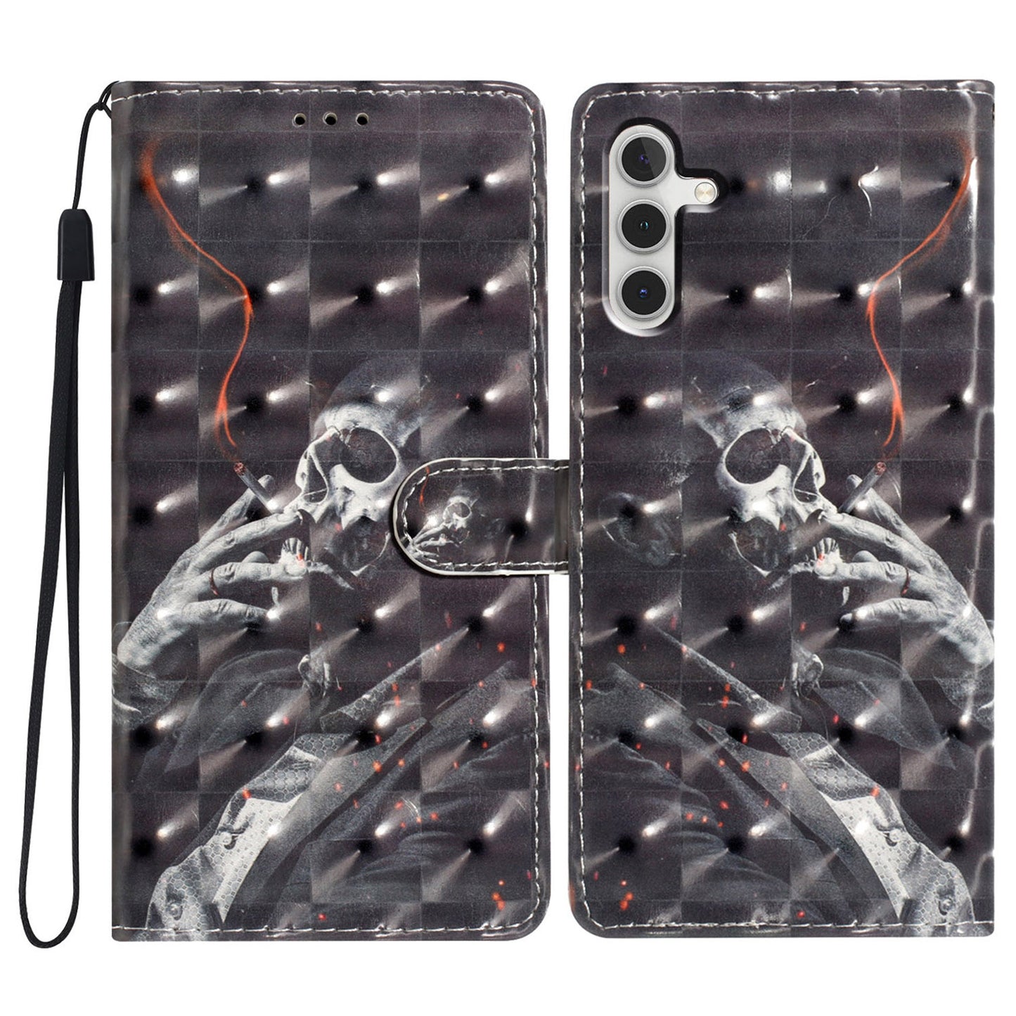 For Samsung Galaxy A16 5G / A16 4G Case PU Leather 3D Pattern Printing Wallet Phone Cover - Smoking Skeleton