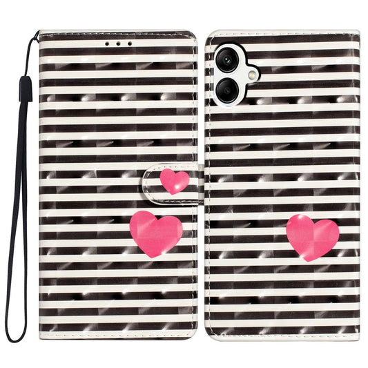 For Samsung Galaxy A06 Case PU Leather 3D Pattern Printing Wallet Phone Cover - Stripes / Heart