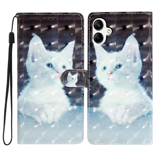 For Samsung Galaxy A06 Case PU Leather 3D Pattern Printing Wallet Phone Cover - White Cat